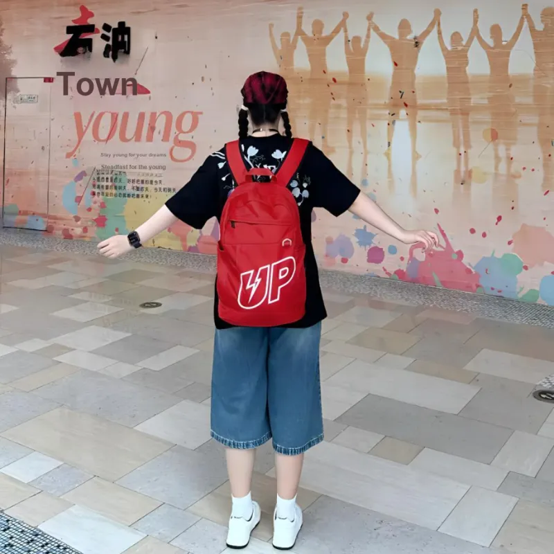 TURN UP Nylon Laptop Bag For Middle And High School Students Large Size Unisex Red-4