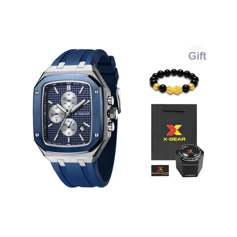 X Шестерня Эксклюзивный Премиум Квадратный Часы Кварцевый Механизм Резиновый Ремешок Часы Мужские Часы Синий Циферблат