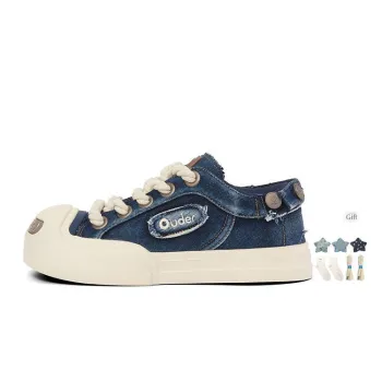Ouder Smiler Laughs Series Washable Vintage Distressed Denim Low Top Canvas Skateboard Shoes Unisex Denim Blue