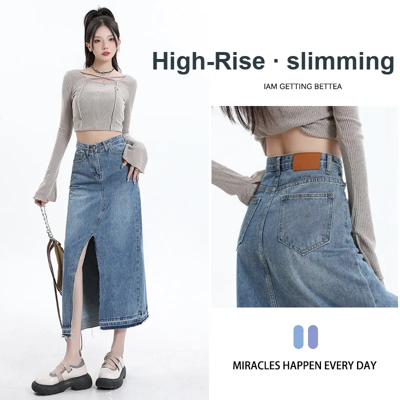 FAWENXIANGZI Denim Long Skirt Women's Vintage Blue-2