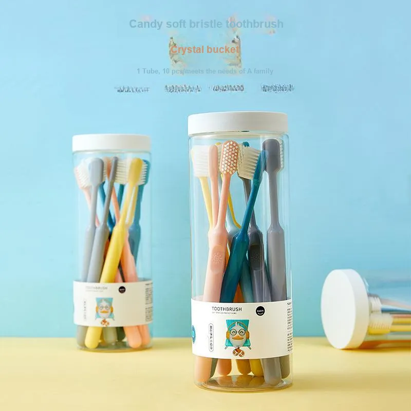 CHENYISHENG Candy Color Macaron Toothbrush 10 Pack Adults' Household Round Bucket Soft Bristle Toothbrush-7
