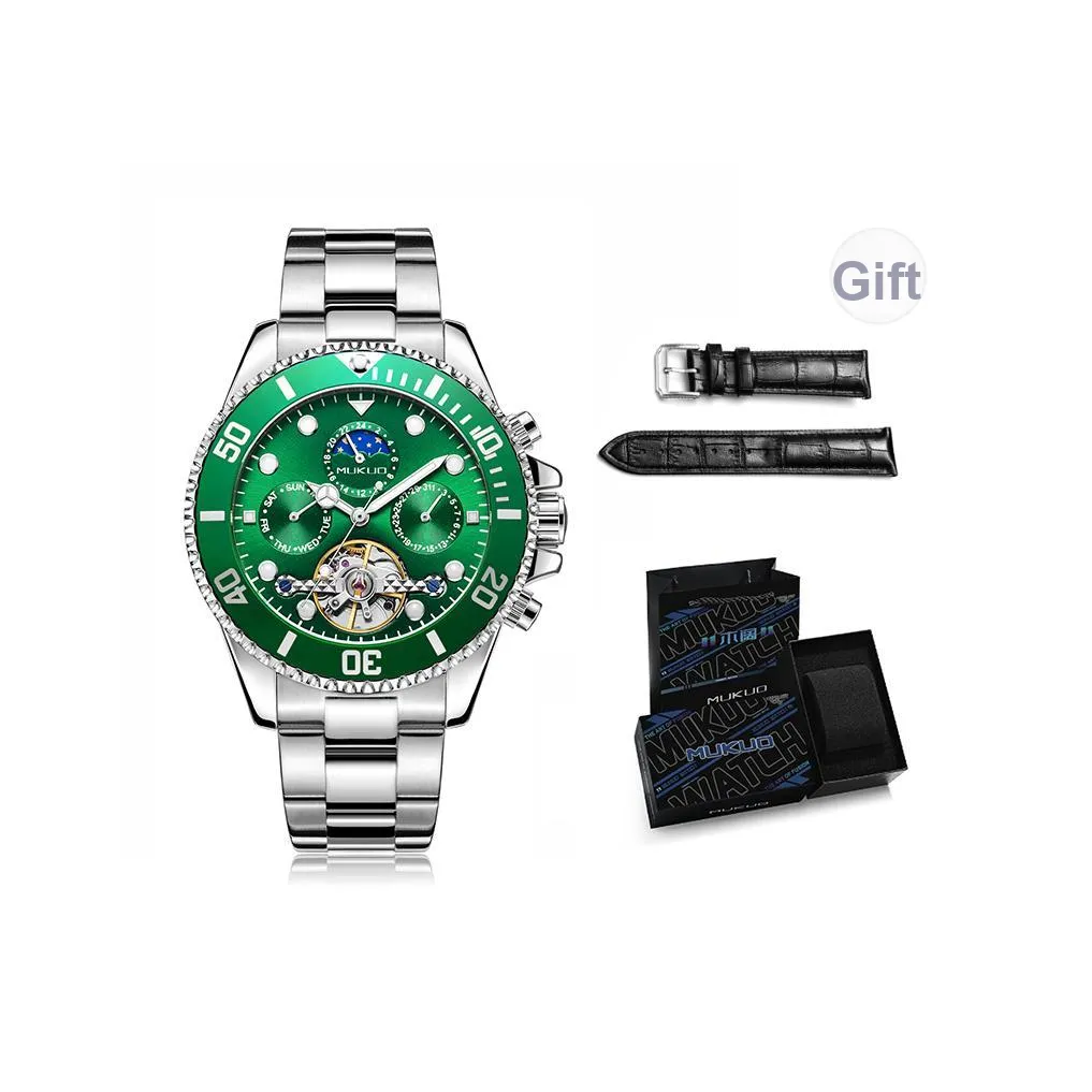 MUKUO Автоматический механический механизм Мужские часы 40 мм Зеленый