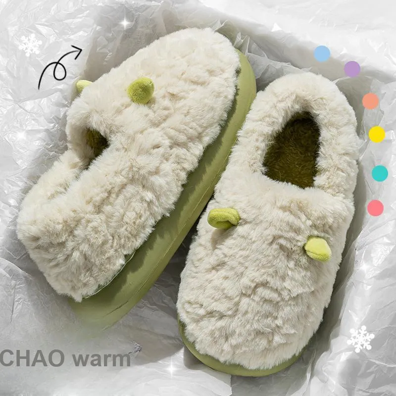 Foot Recreation 3D Effect Small Ears Solid Color Fleece Slippers Winter Home Indoor Warm Cotton Home Slippers Unisex-11