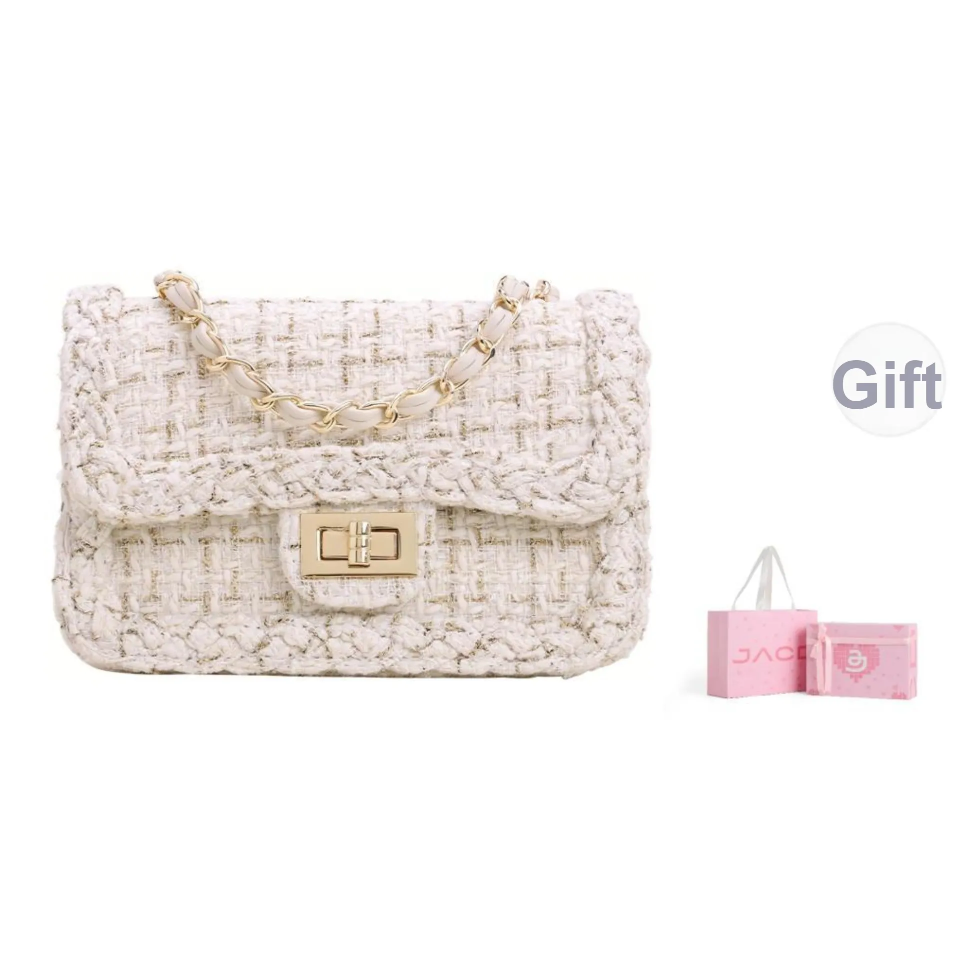 JACD Tweed Chanel inspired Small Square Bag, Underarm Crossbody Bag, Shoulder Bag Small Women's White/Black