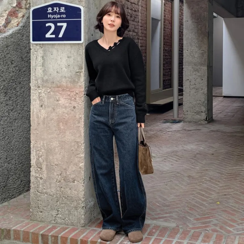 Fstudio Fall And Winter Korean Commute Relaxed High Rise Straight Fit Casual Jeans Unisex Blue-4
