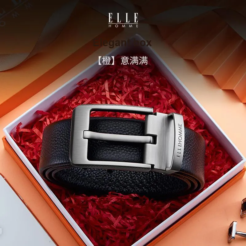 ELLE HOMME Top Grain Cow Leather Premium Comfortable Belt, Premium Gift Box Set Men's Gunmetal Width 3.8cm-6
