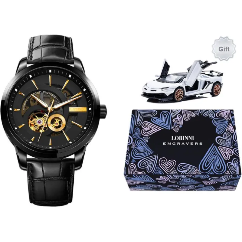 LOBINNI L Automatic Mechanical Movement Genuine Leather Strap Watch Men's Watches Black Dial-13