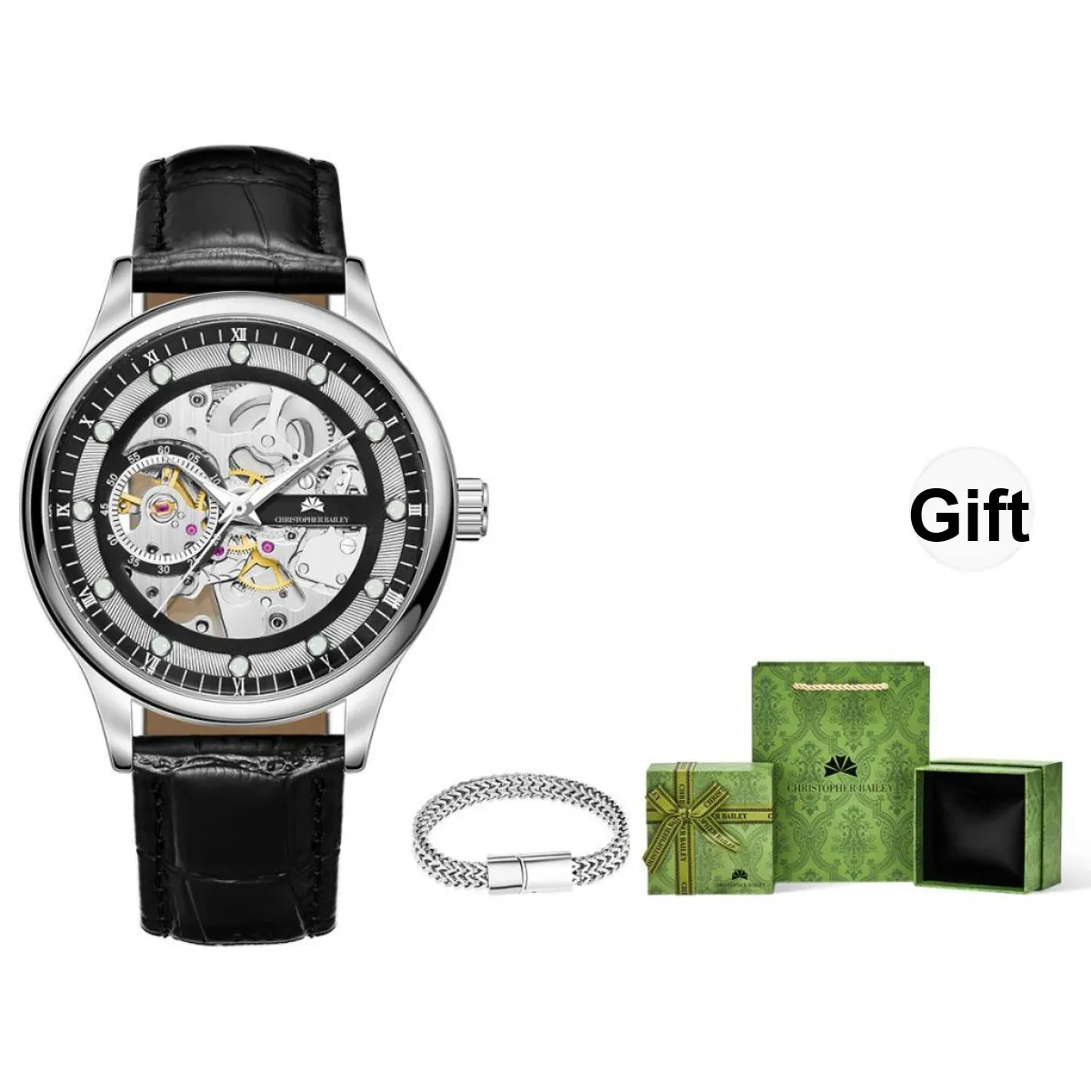Corriberty Automatic Mechanical Movement Genuine Leather Strap Watch Men's Watches Cut Out Dial