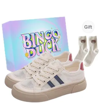 BINGO DUCK Slip Resistant, Lightweight, And Breathable Low Top Skateboard Shoes Women's Beige Blue