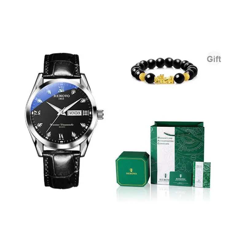 RENOVO Мужские часы Кварцевый механизм Естественная кожа Ремешок Черный циферблат