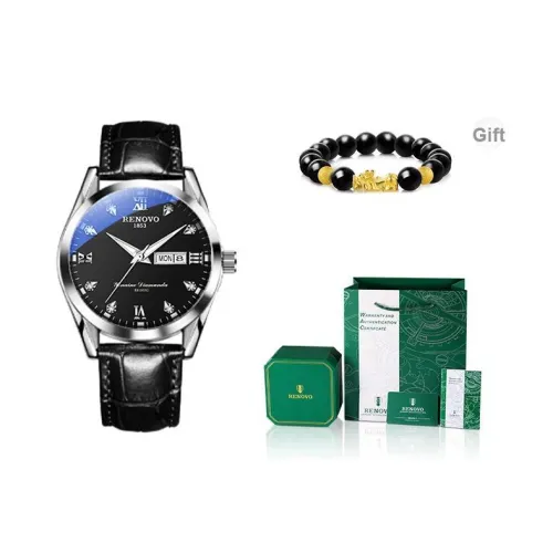 RENOVO Мужские часы Кварцевый механизм Естественная кожа Ремешок Черный циферблат