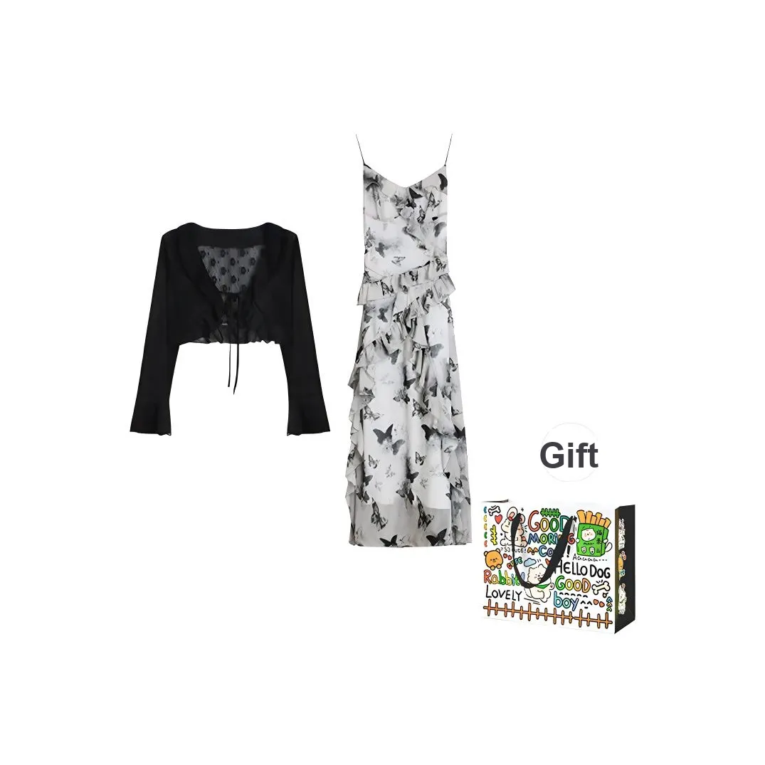 OURUOKE Two Piece Skirt Sets Women's Black Cardigan+Dress