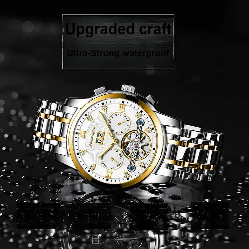 POEDAGAR Mechanical Movement Stainless Steel Watchband Men's Watches Black Dial-17
