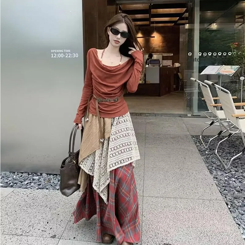 Vine Color Casual Long Skirt Women's-2