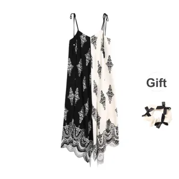 XUOIZA Slip Dresses Women's Black White Long+Bowknot Hair Tie Comes With
