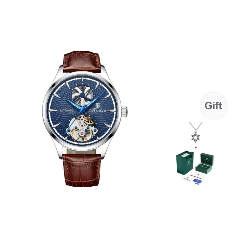 MESDUN Mechanical Movement Genuine Leather Strap Watch Men's Watches Silver Dial-2
