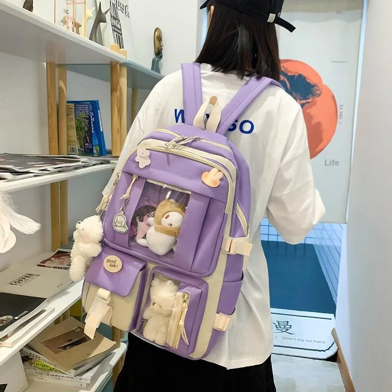 Deli Bear Canvas Backpack Regular Women's Blue/Purple/Pink/Green/Black-3
