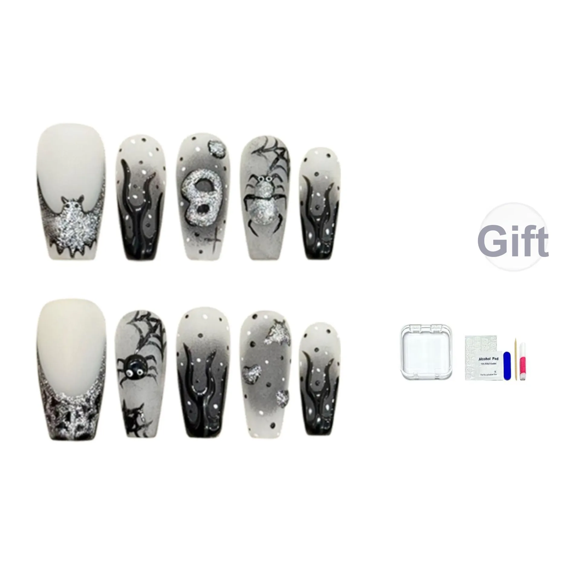 HUYONG [Серебряный Дым Сердце] Magic Mirror Призрак Bat False Nail Средний LADDER Gothic Style Smudge Мелкие блестки 16mm