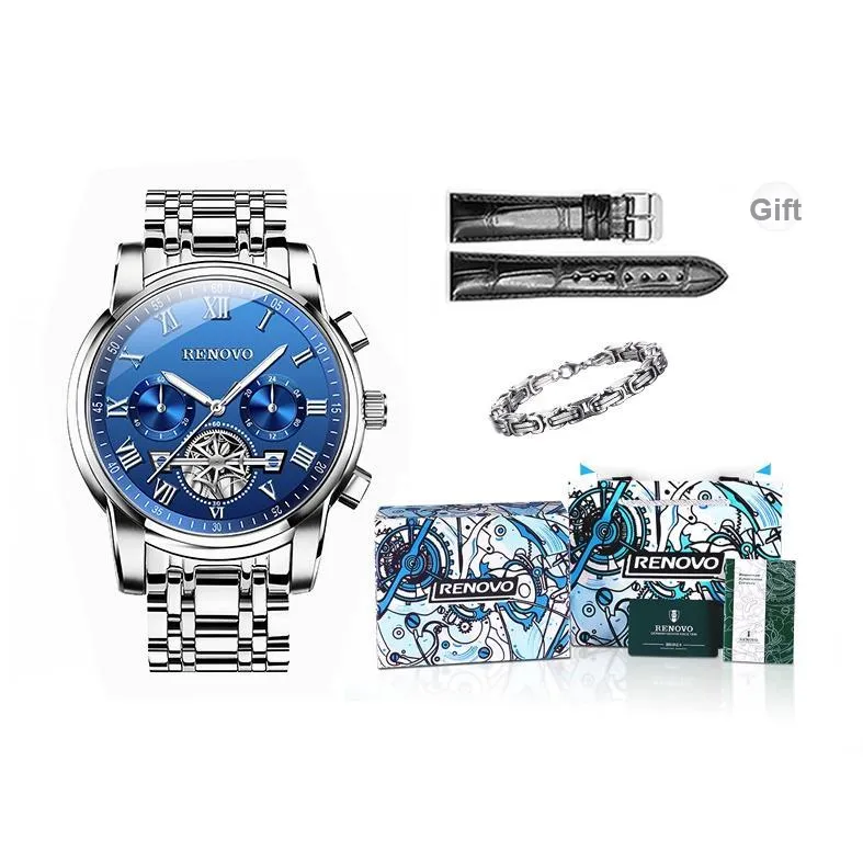 RENOVO Кварцевый механизм ремешок из нержавеющей стали черный циферблат мужские часы