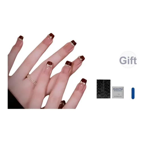 OUYUJI Кожа Flattering Бордовый Французский Бант Фальшивые Ногти False Nails Миндаль Квадратный Стулья Бордовый Смужка Бант