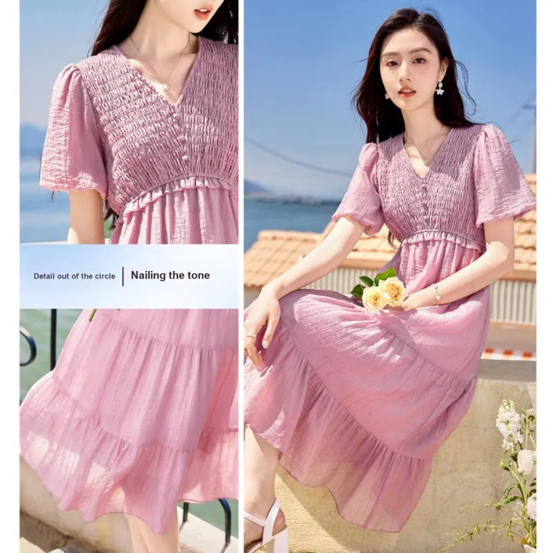 Like The Age Of Water Short Sleeved Dress Women's Pink Purple-3