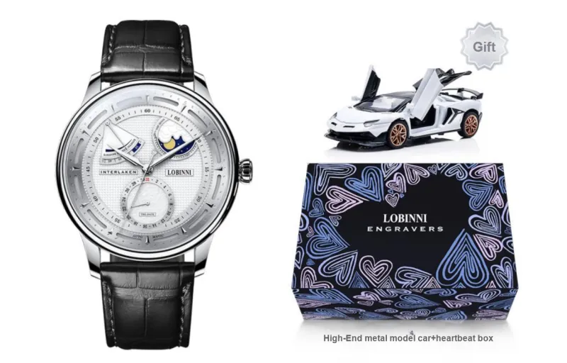 LOBINNI L Automatic Mechanical Movement Genuine Leather Strap Watch Men's Watches White Dial-1