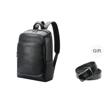 BOPAI Top Grain Cow Leather Backpack Laptop Bag Regular Unisex Black