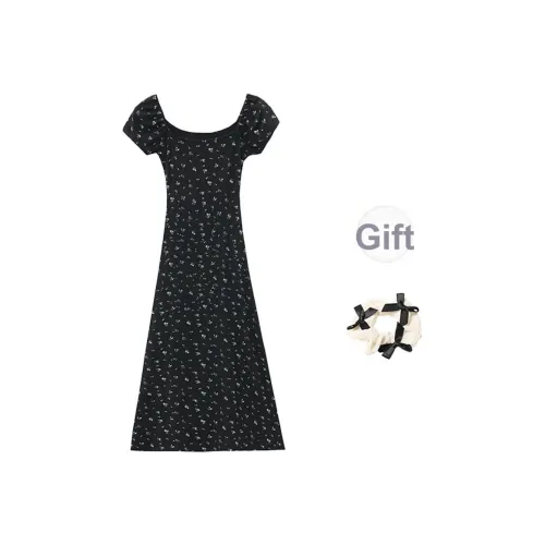 XUOIZA Короткое платье с короткими рукавами женское черное с бесплатной резинкой для волос в виде банта