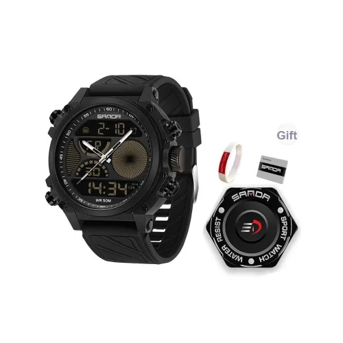 Sanda Электронный + Кварцевый механизм Силиконовый ремешок Часы Мужские Черный циферблат