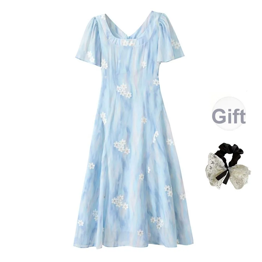 PAVEA Short Sleeved Dress Women's Light Blue+Hair Tie Comes With