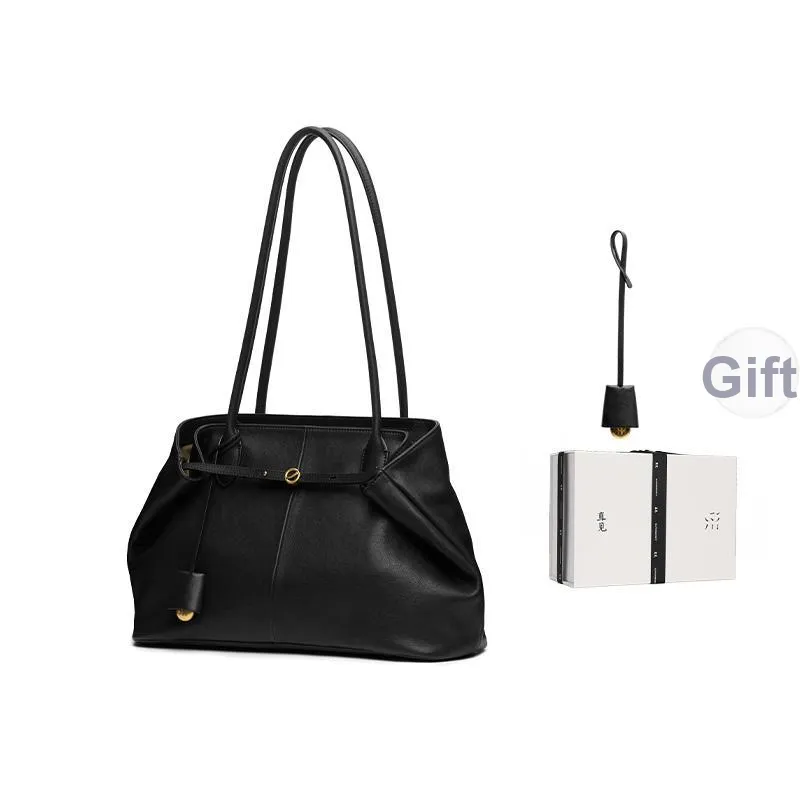 SUPERMERCY One Stroke Series Vegetable Tanned Top Grain Calfskin Folded Ear Shoulder Bag Women's Ink Black/Coffee