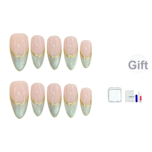 JINGCHANXUE [Матча Мусс] Glass Beads Cat Eye False Nail Миндаль Кремово-зеленый Градиентный Французский 14mm