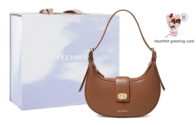 Teenmix Cow Leather Crescent Bag, Shoulder Bag Medium Size Women's Mocha/Black-6