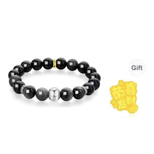 Lao Feng Xiang Obsidian S925 Silver Beaded Bracelet Men's