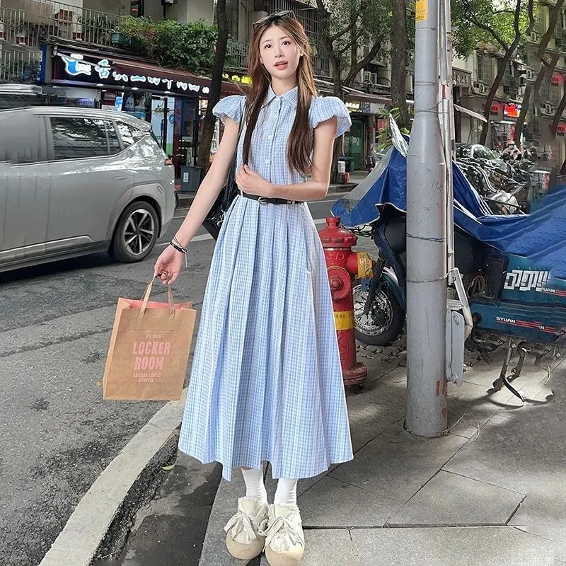 Vine Color Short Sleeved Dress Women's Light Blue Plaid-3