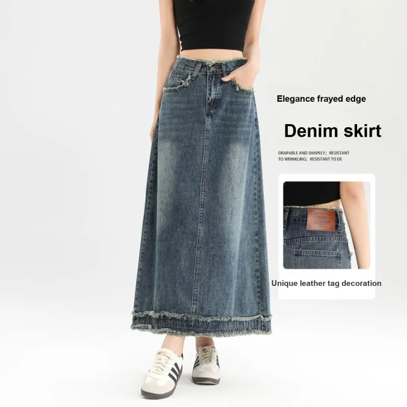FAWENXIANGZI Denim Long Skirt Women's-4