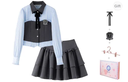 Tokyo Season Uniforms Women's Set Gray Blue Mock Two-Piece Shirts+Skirt Comes With Bow Tie+Badge