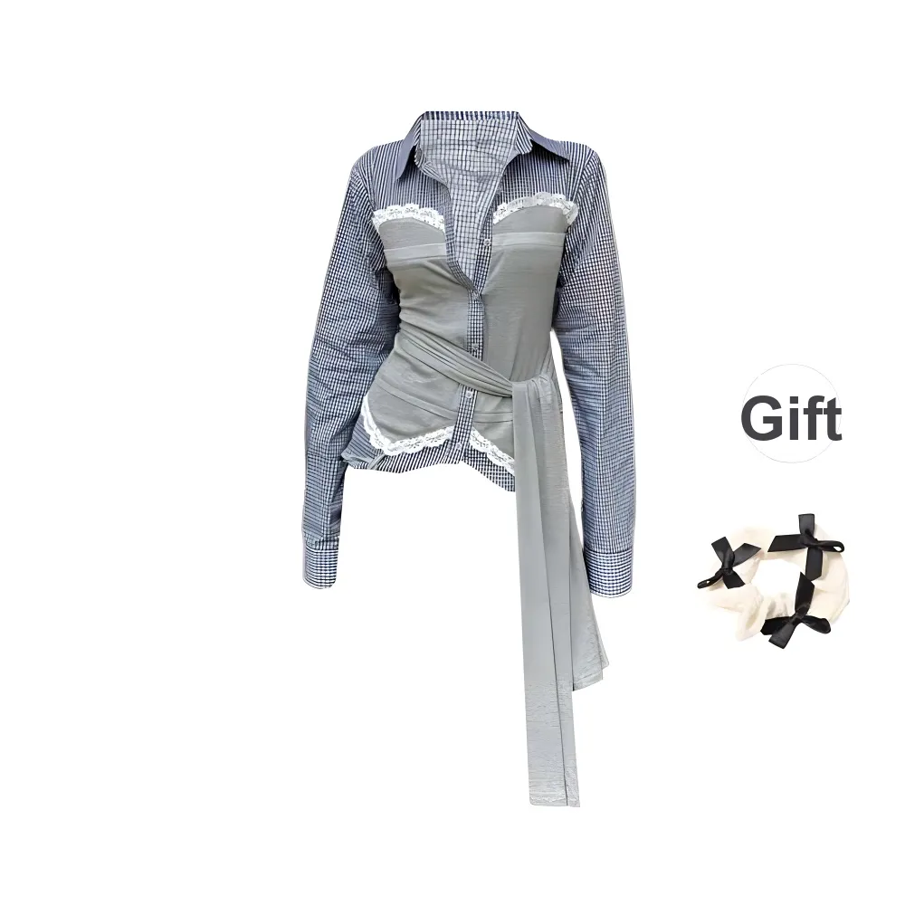 TURN UP Shirt Women's Gray Blue+Bowknot Hair Tie Comes With