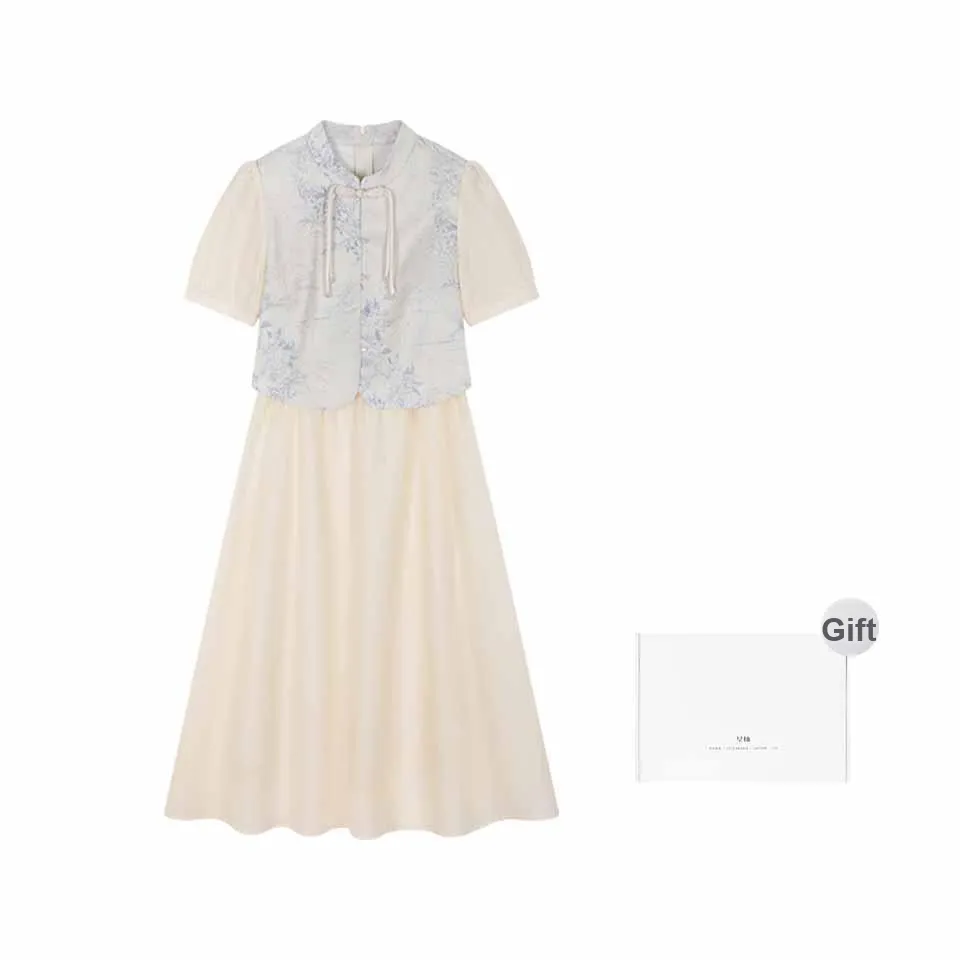 Mo Han Yi Mei SS24 Short Sleeved Dress Women's Blue & Light Beige