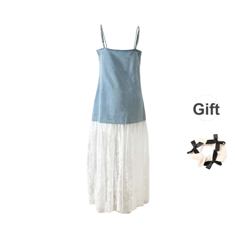 TURN UP Slip Dresses Women's Blue White+Bowknot Hair Tie Comes With-1