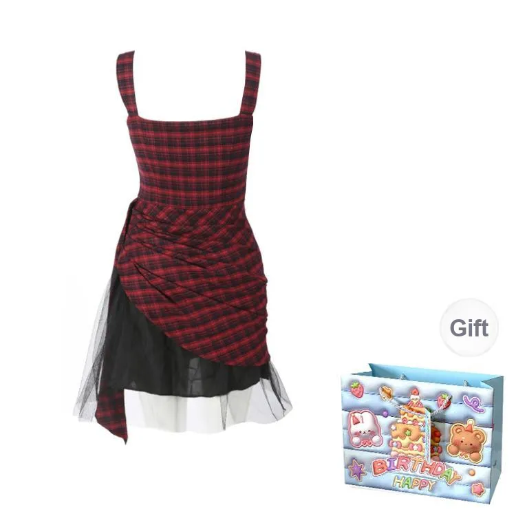 BRASS SCOUT Slip Dress Women's Red Black Plaid-1