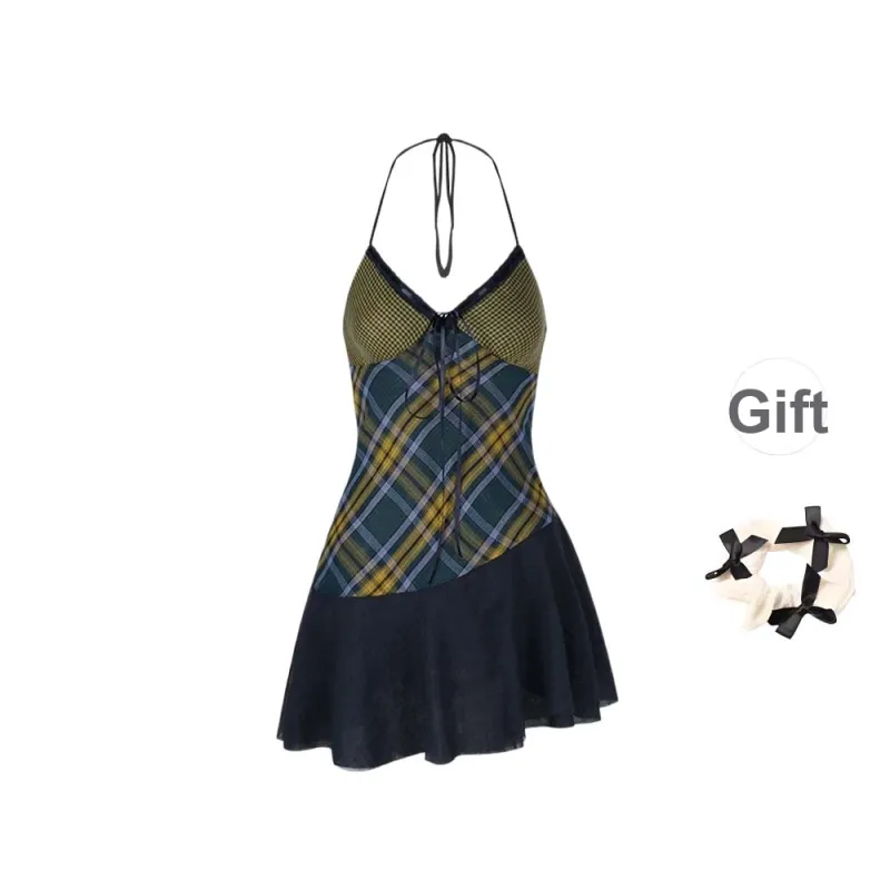 TURN UP Slip Dress Women's Yellow Green+Bowknot Hair Tie Comes With-0