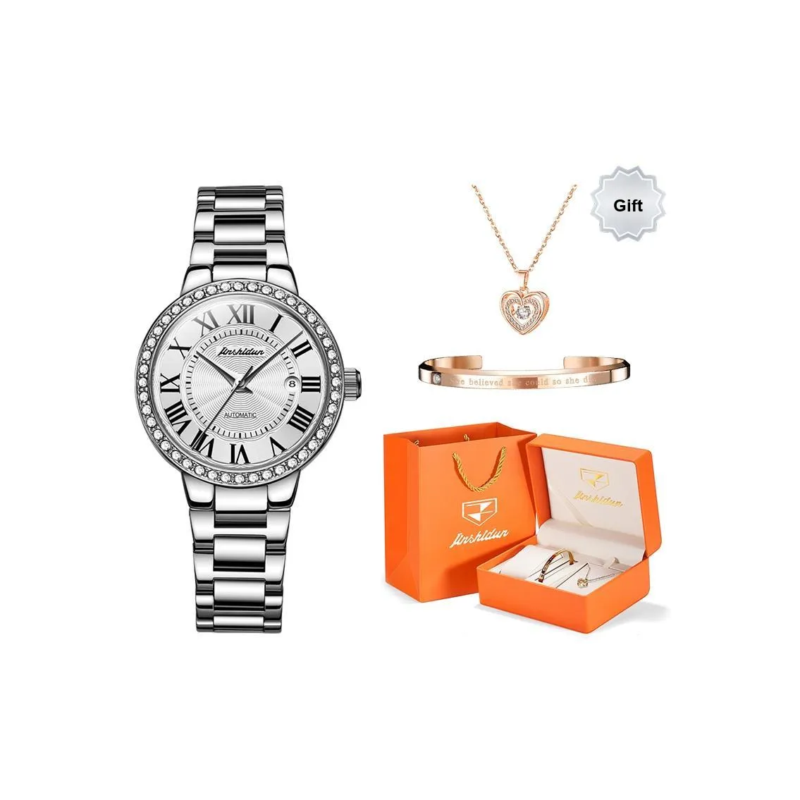 Jin Shi Dun Коробка Механический механизм Нержавеющая сталь Ремешок Часы Женские часы Белый циферблат