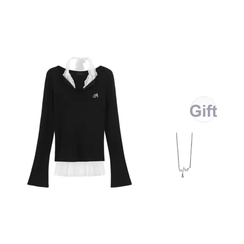 Giyu Черный топ + Белый кружево с ожерельем Женские T-рубашки