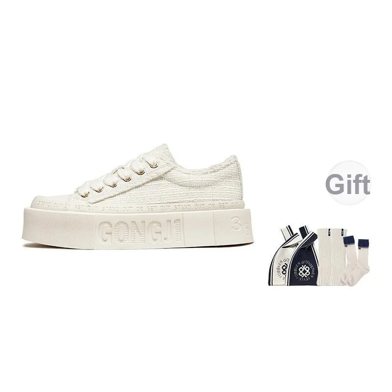 GONGJI Square Inches Height Increasing, Lightweight, Breathable, Slip Resistant Low Top Canvas Shoes Women's White