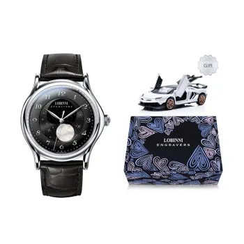 LOBINNI L Mechanical Movement Genuine Leather Strap Watch Men's Watches Black Dial