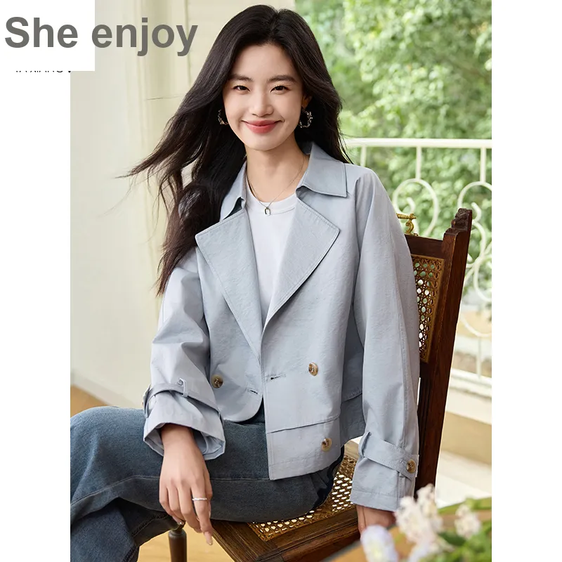 She Enjoys Cropped Coats Women's Light Gray Blue-1