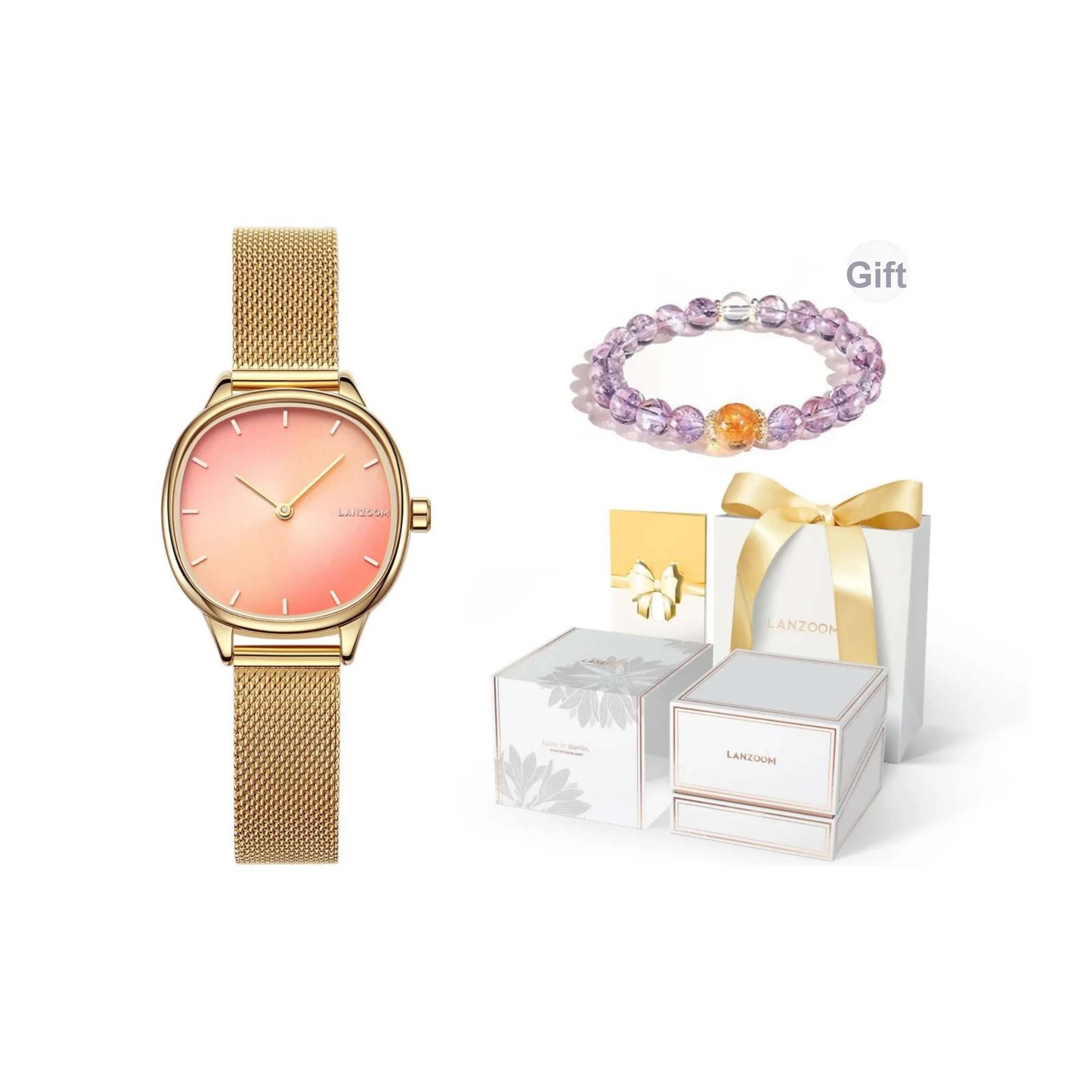 LANZOOM Sunset Маленький Золотой Кварцевый Механизм Женские Часы Часы на запястье Розовый Циферблат Часы Нержавеющая сталь Корпус часов