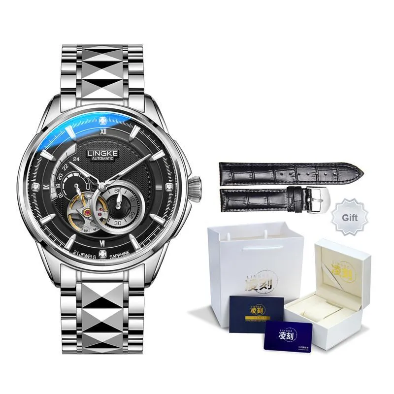 LINGKE Automatic Mechanical Movement Steel Strap Watch Men's Watches White Dial-10