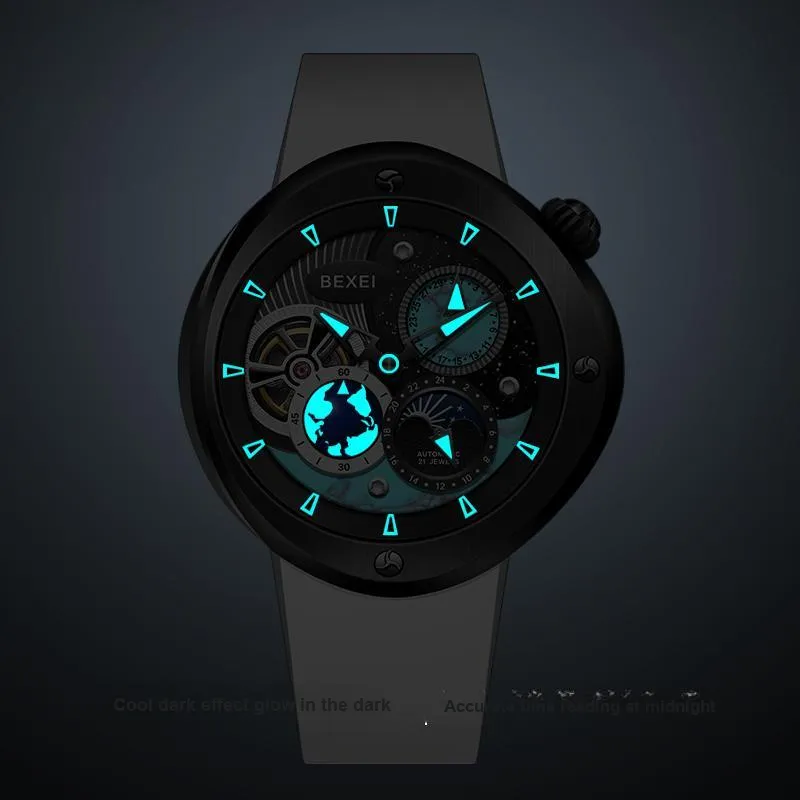 BEXEI The Wandering Earth Automatic Mechanical Movement Fluoroelastomer Strap Watch Men's Watches Black Dial-11